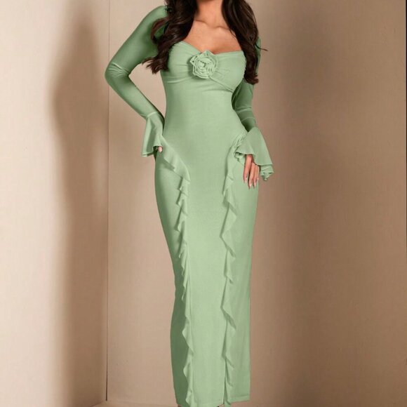 Green Elegant Women's Long Sleeve Floral 3d Decorative Ruffled Dress - Picture 4 of 8